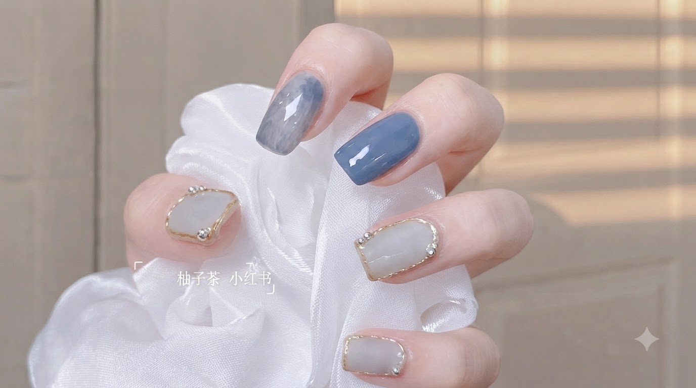 Uñas de Onda Oceánica Azul y Púrpura Románticas: Tutorial Paso a Paso