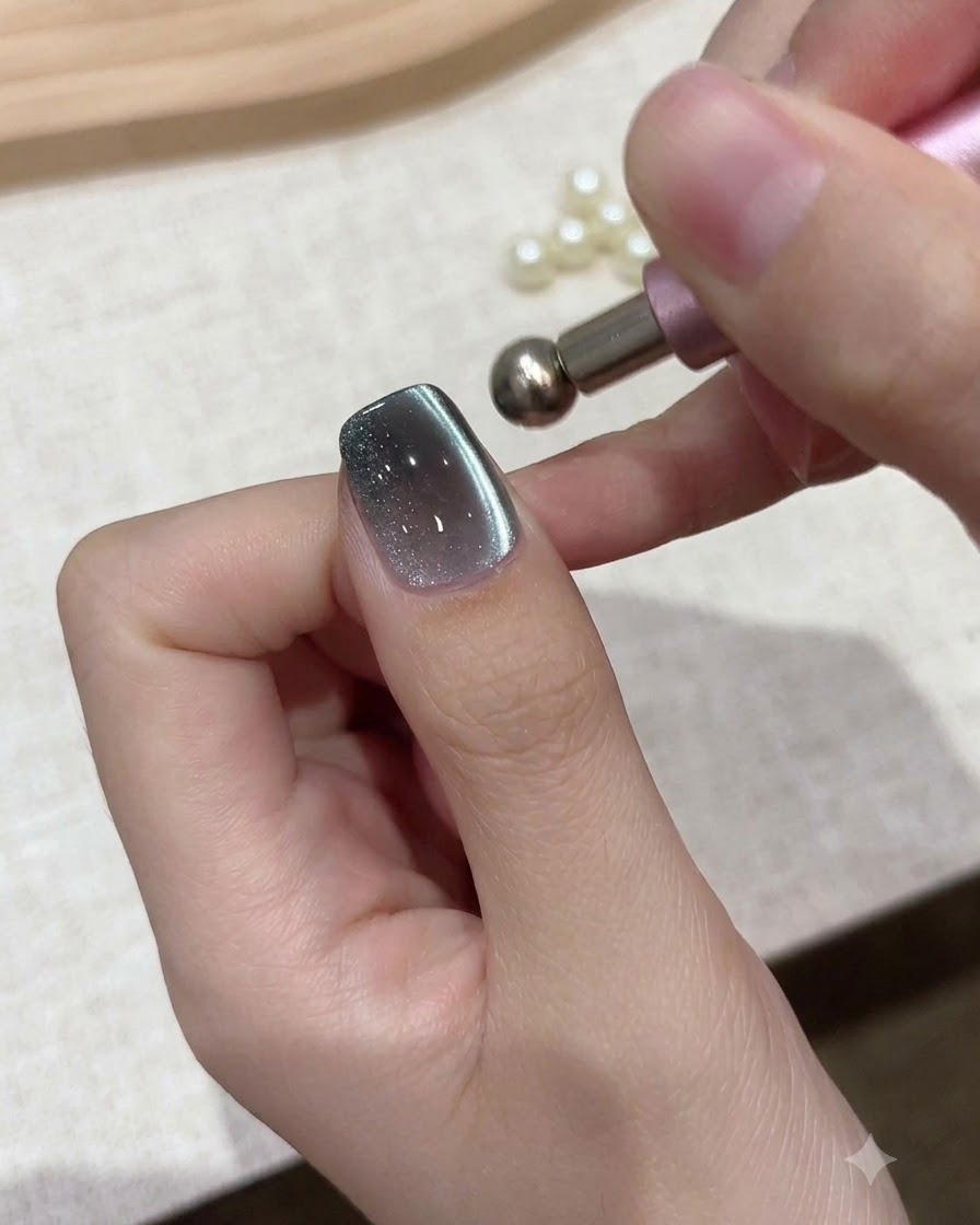 Una pequeña herramienta de imán esférico sostenida cerca de la cutícula de una uña pintada con gel para desplazar las partículas de brillo.