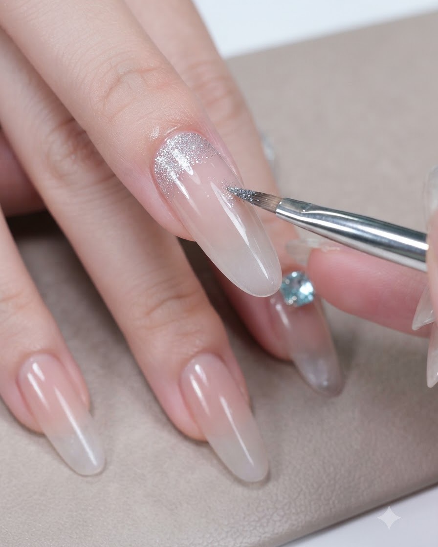 Una toma detallada de un pincel de gel aplicando gel de diamante triturado y lentejuelas plateadas cerca del área de la cutícula de una uña.