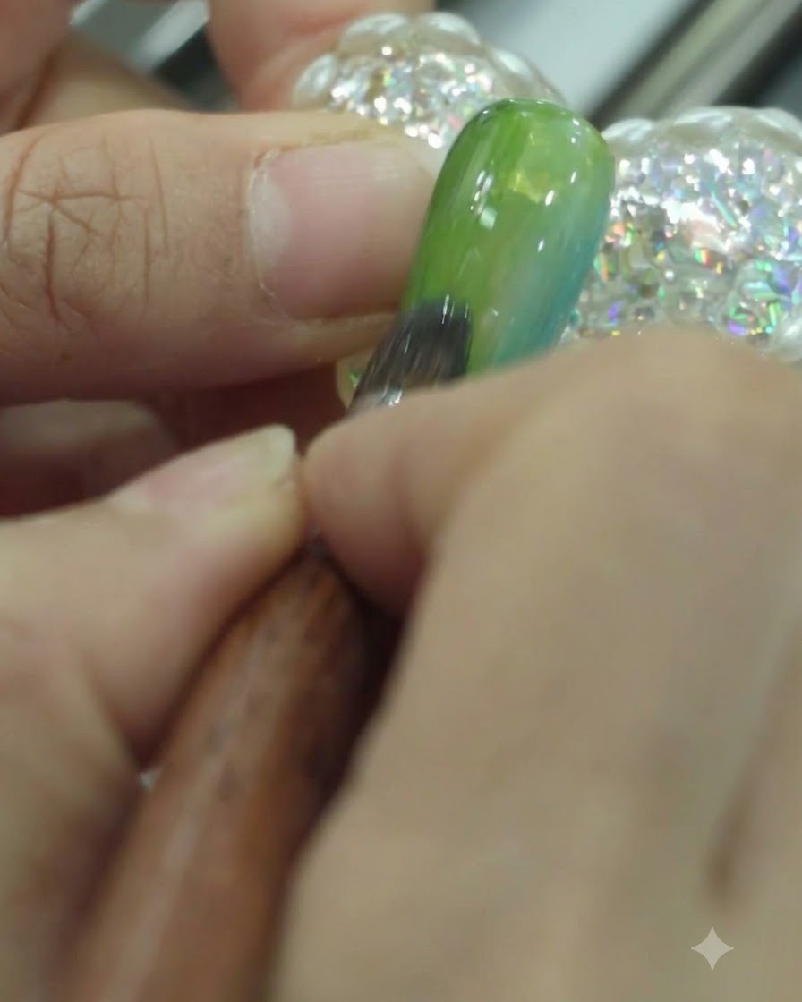 Un pincel añadiendo una segunda capa de esmalte en gel verde oscuro en el lado izquierdo de una uña en degradado.