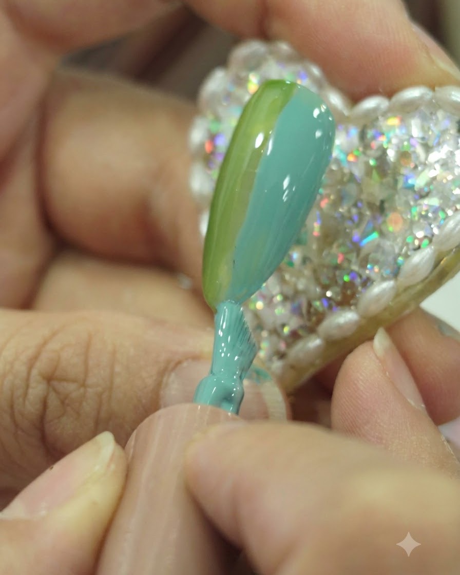 Primer plano de un pincel aplicando esmalte en gel turquesa justo al lado de la sección verde en la superficie de la uña.