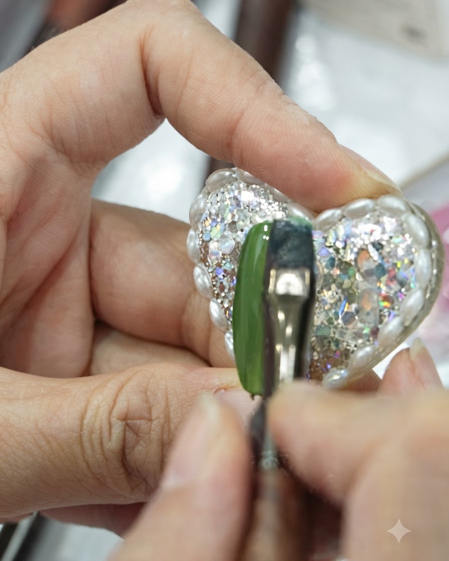 Primer plano detallado que muestra un pincel de difuminado suave alisando la transición entre una capa de gel azul profundo y un verde vibrante en una uña artificial.