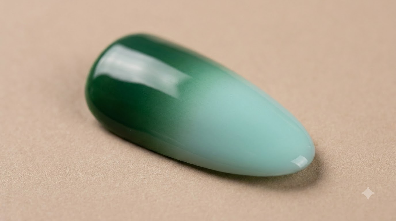 Una uña almendrada terminada que muestra un suave degradado de izquierda a derecha, fundiendo un verde oscuro con un tono azul turquesa bajo un acabado brillante.