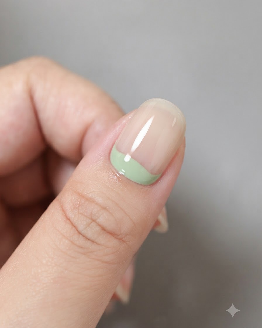 Un primer plano de una uña con una franja curva de gel verde lechoso aplicada en el área de la cutícula.