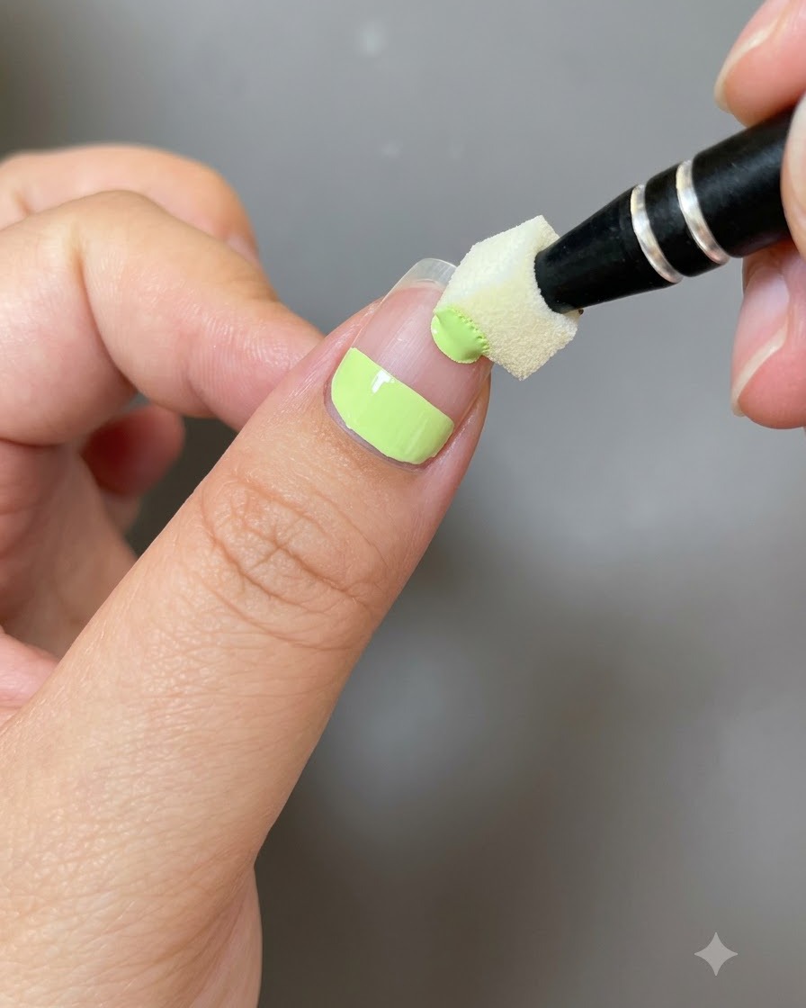 Una pequeña herramienta de esponja difuminando el borde del gel verde en una uña.