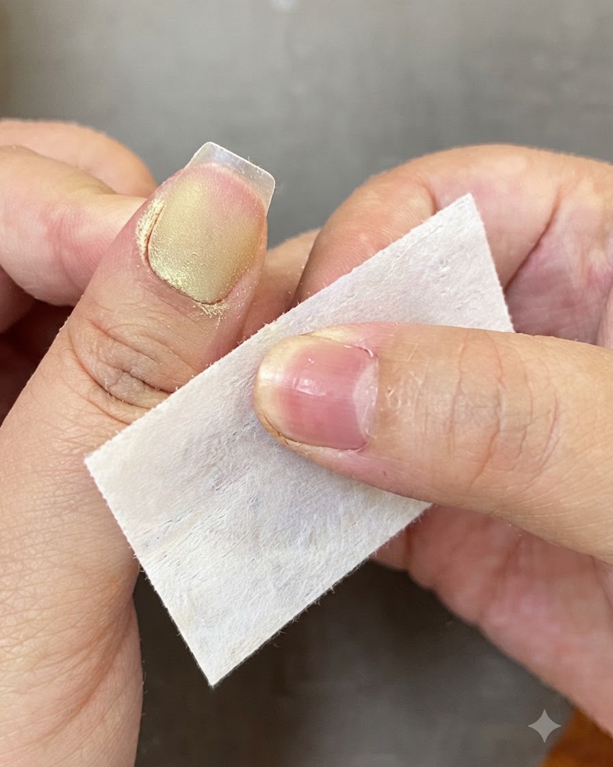 Una gasa limpiadora sin pelusa limpiando alrededor del área de la cutícula de una uña preparada.