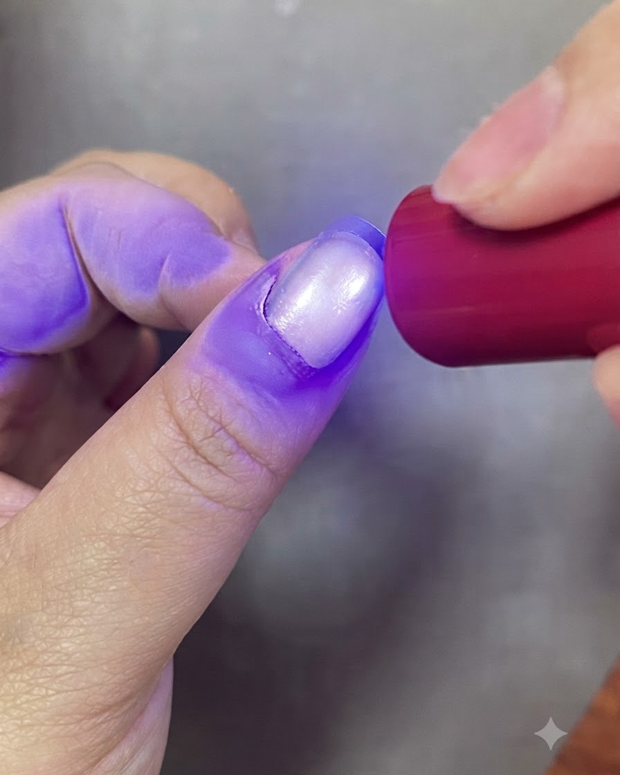 Una uña curándose bajo la luz púrpura de una lámpara de uñas UV.
