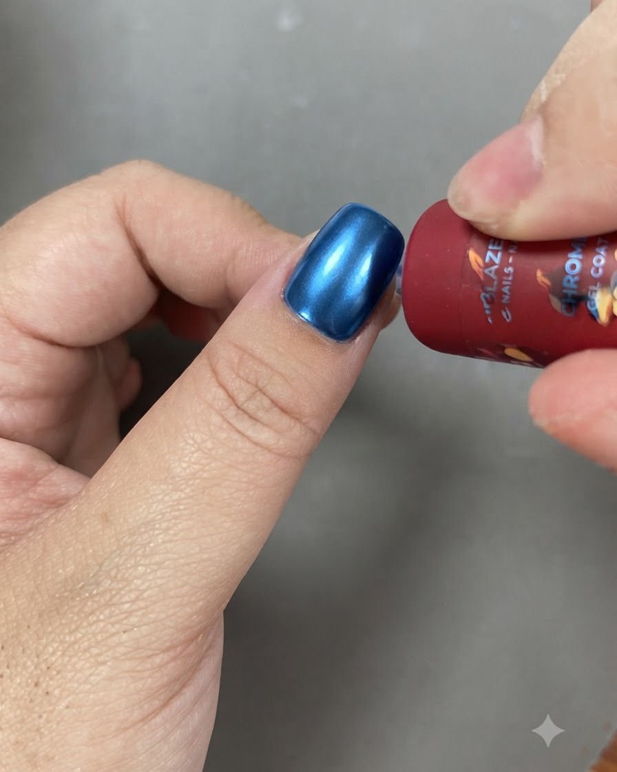 Un pincel de gel aplicando esmalte cat eye brillante sobre un fondo degradado en una uña.