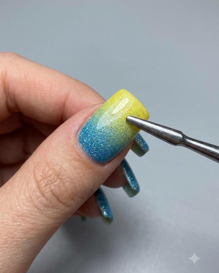 Una herramienta metálica con un imán de cuenta de vidrio sostenida de cerca sobre una uña de gel brillante.