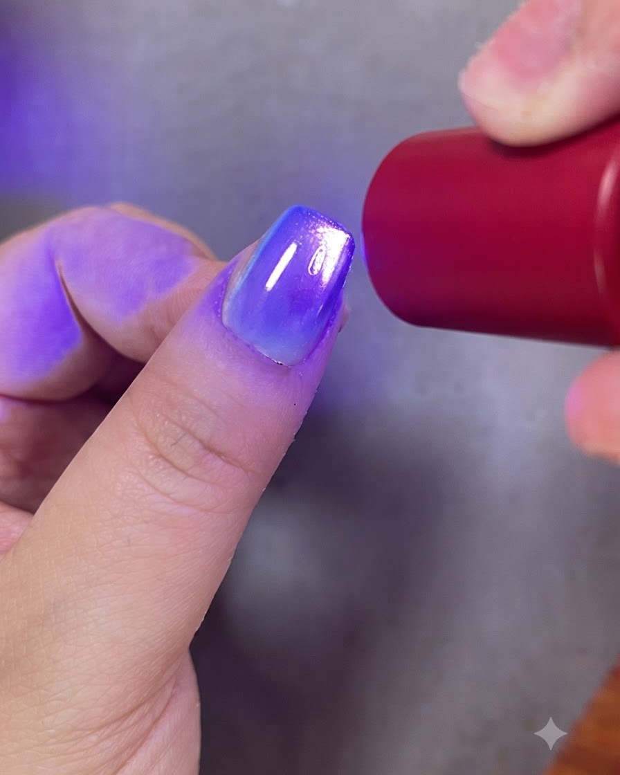 Un pincel de uñas aplicando una capa superior transparente sobre un diseño final de uñas de gel con degradado y cat eye.