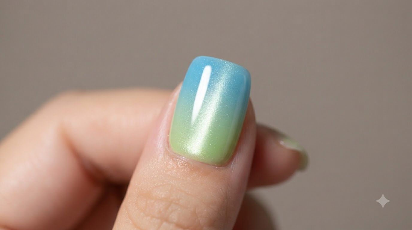 Uñas de Gel Degradadas en Azul y Verde de Verano con Efecto Ojo de Gato Magnético — Tutorial Paso a Paso