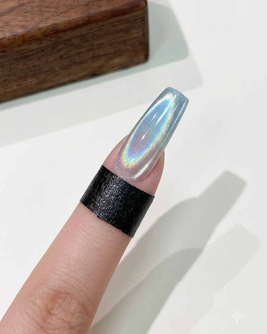 Una uña coffin larga terminada que muestra una vibrante línea brillante holográfica de ojo de gato sobre un fondo degradado.