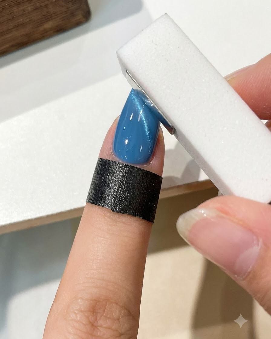 Un pincel aplicando una capa superior transparente y brillante sobre una uña estilizada en azul con efecto ojo de gato.