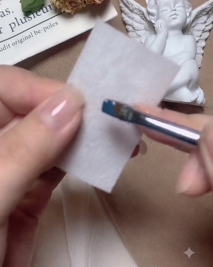 Un pincel de uñas siendo limpiado en una toallita blanca.