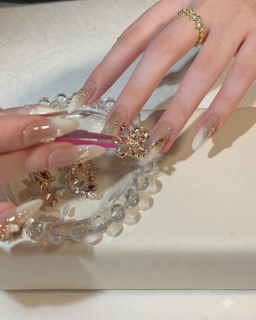 Primer plano de unas pinzas rosas colocando una gran gema de cristal brillante sobre una uña decorada.