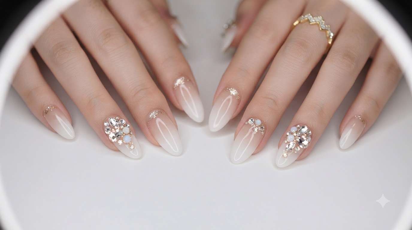 Uñas Ombré Blanco Lechoso con Pedrería Oro Champán — Tutorial Paso a Paso
