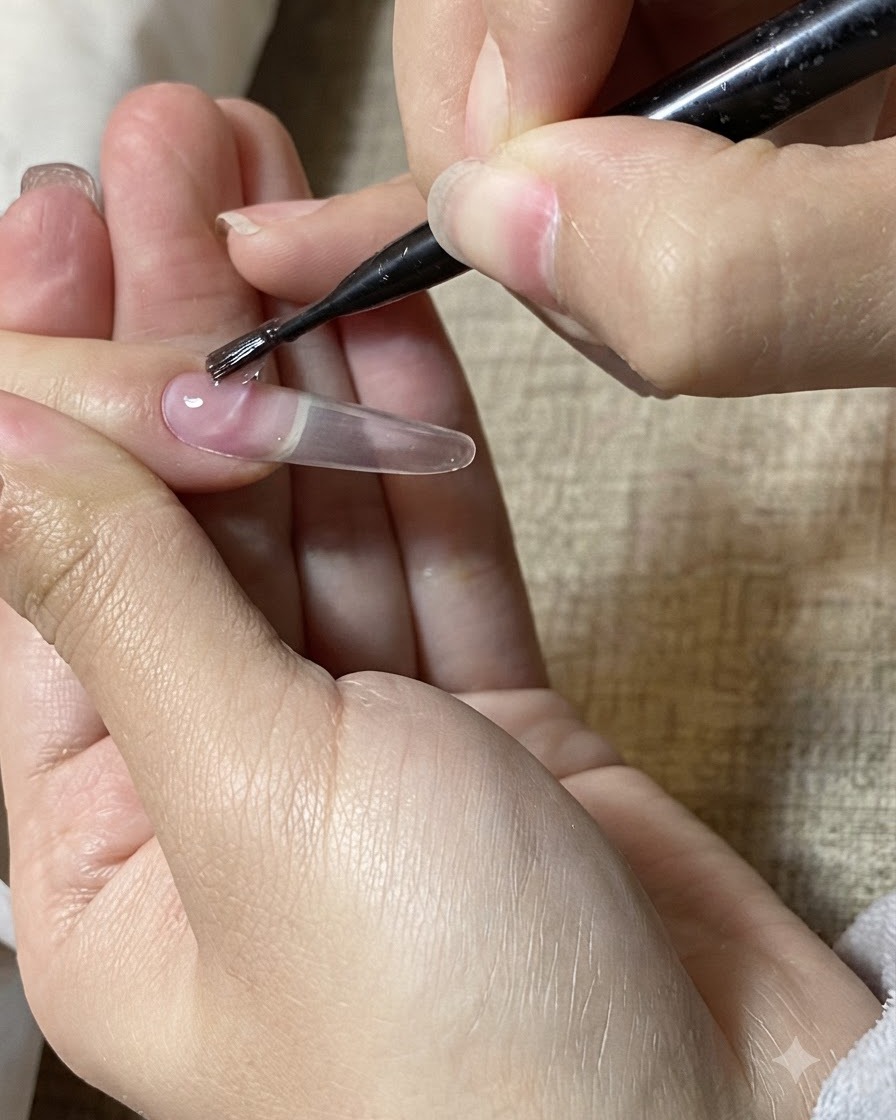 Un pincel fino de uñas aplicando una gota transparente de gel de construcción sobre una extensión de uña alargada.