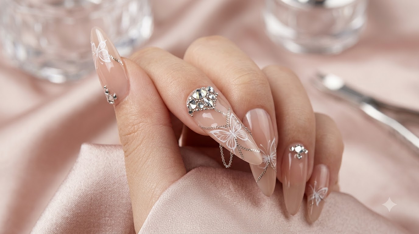 Uñas de Gel Almendradas Largas con Mariposas Nude y Cristales