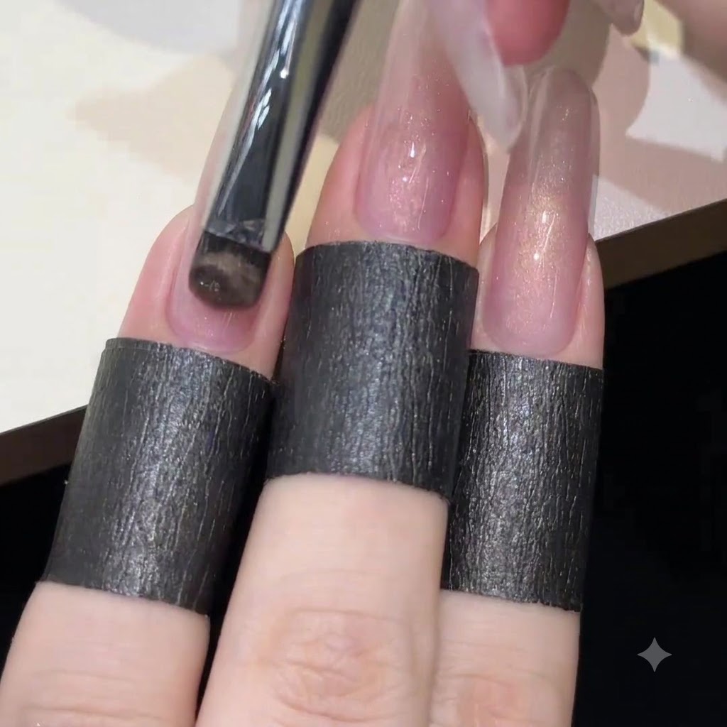 Un pincel de gel aplicando una capa suave y uniforme de esmalte de ojo de gato rosa translúcido sobre una extensión de uña larga y transparente.