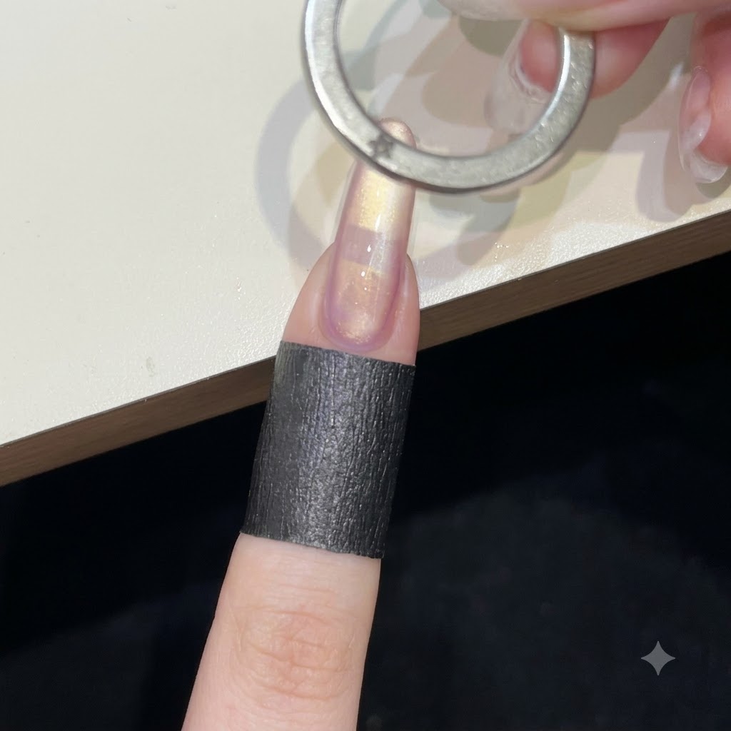 Sosteniendo un imán de anillo circular horizontalmente sobre el gel de ojo de gato húmedo para crear un patrón de cinta magnética envolvente.