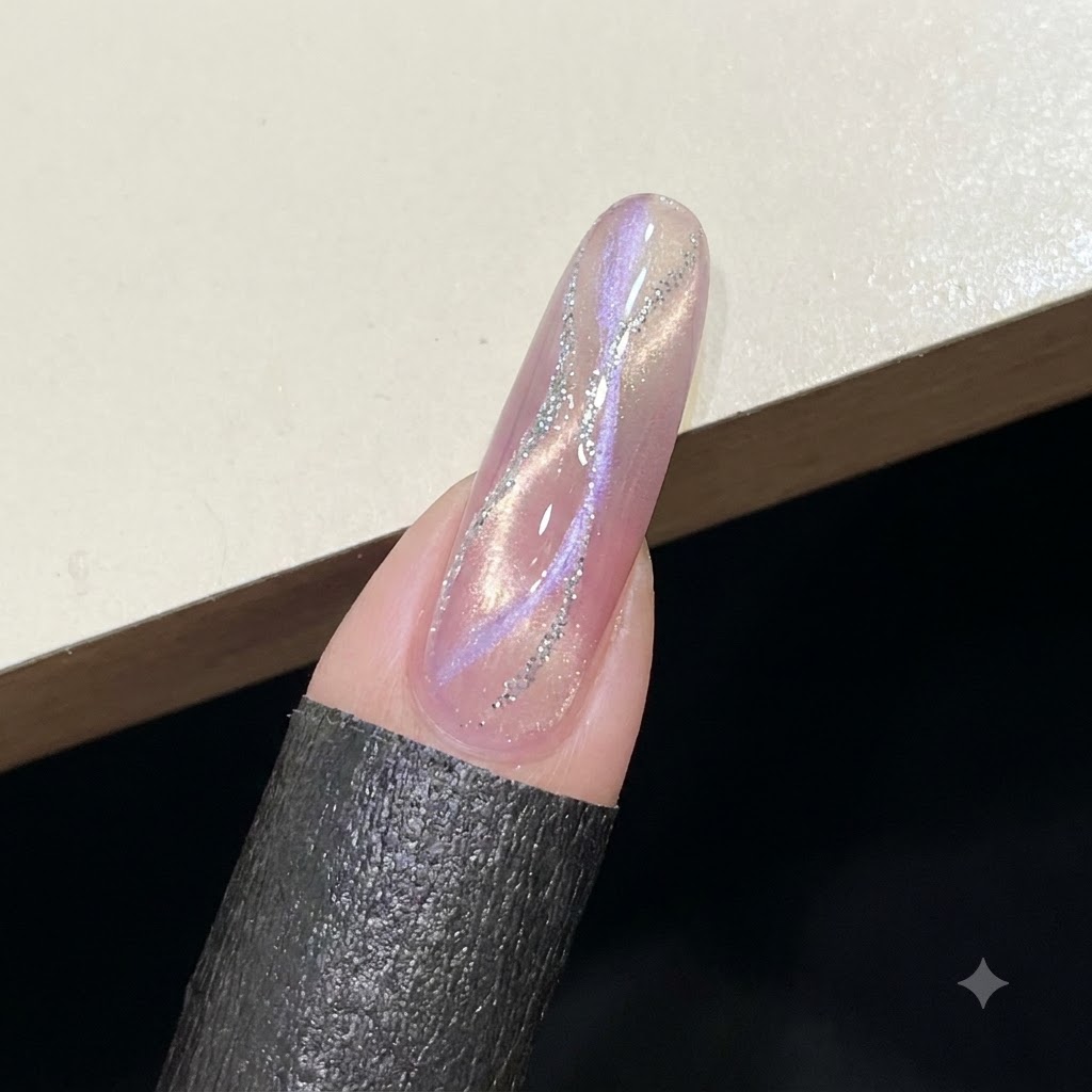 Una vista de cerca de una uña brillante rosa recubierta con gel constructor transparente sin curar.