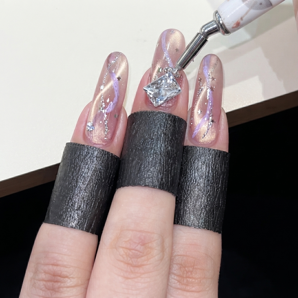 Una herramienta de lápiz de cera colocando un gran pedrería transparente en forma de diamante cerca de la cutícula de una uña decorada de ojo de gato rosa.