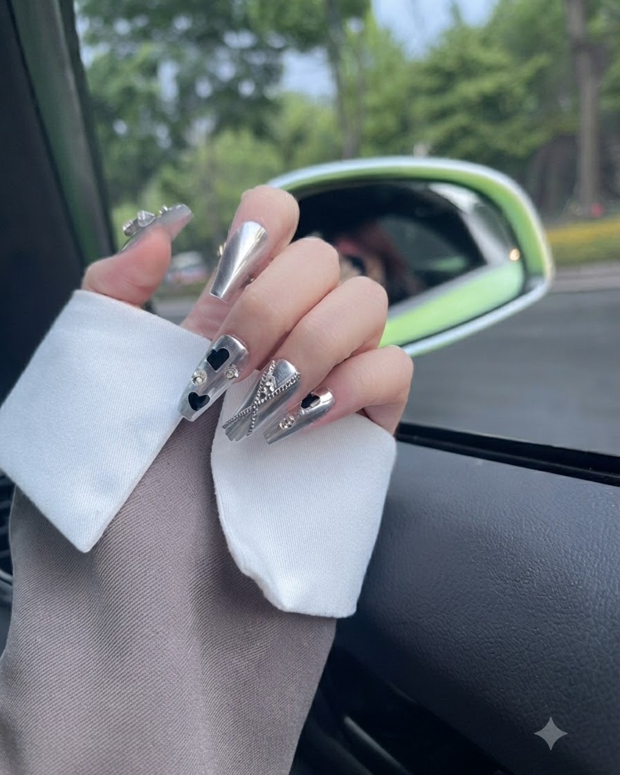 Primer plano que muestra las cadenas de plata detalladas y en capas sobre las uñas de los dedos medio y anular.
