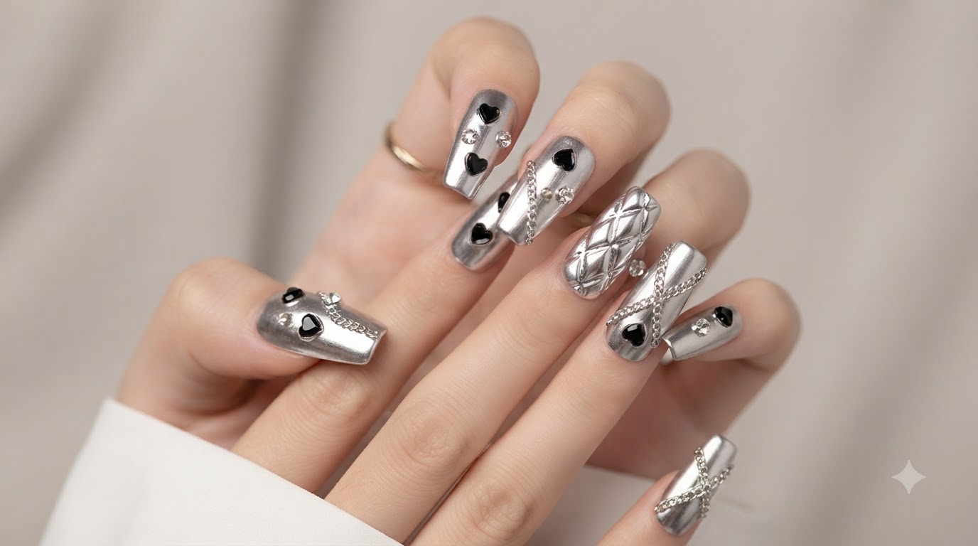 Nail Art Metálico Plateado con Cadenas — Tutorial de Uñas Postizas de Alta Gama