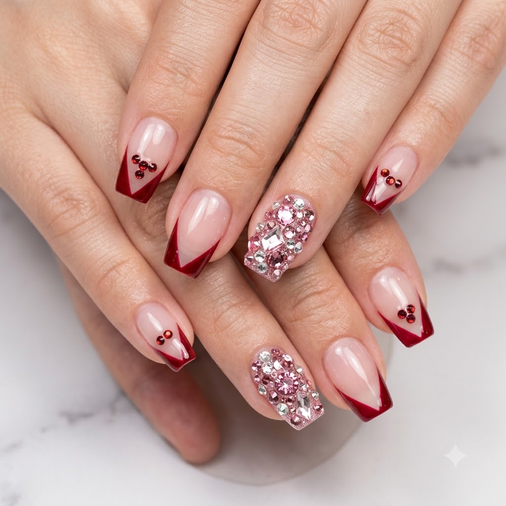 Una toma en primer plano de manos que muestran uñas con punta en V completadas con puntos de corazón de acento rojo y arte de uñas con pedrería.