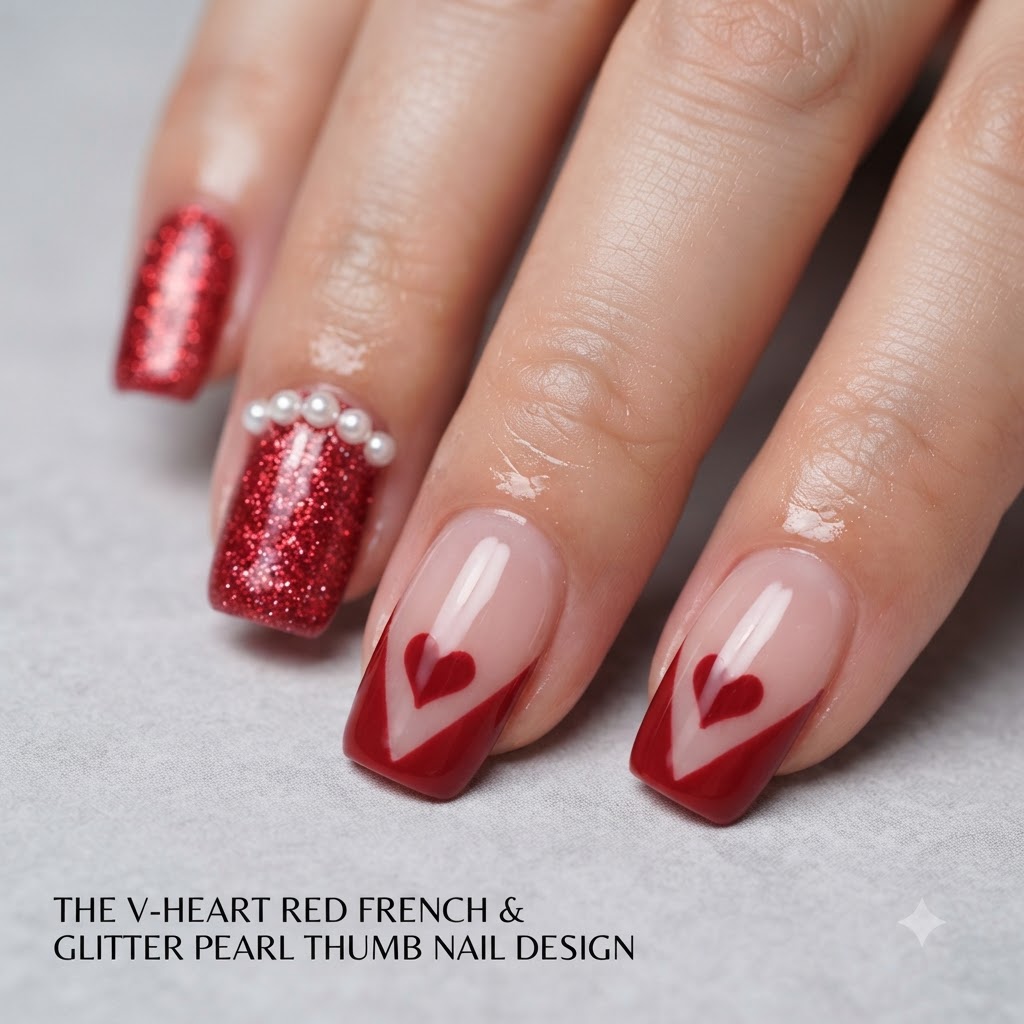 Un primer plano que muestra un corazón rojo sólido terminado pintado dentro del espacio negativo de una manicura francesa en V.