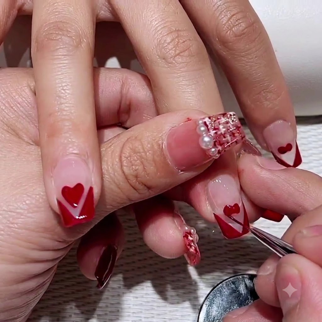 Un pincel fino para nail art delineando con precisión los bordes de un corazón rojo pintado en la uña de una clienta.