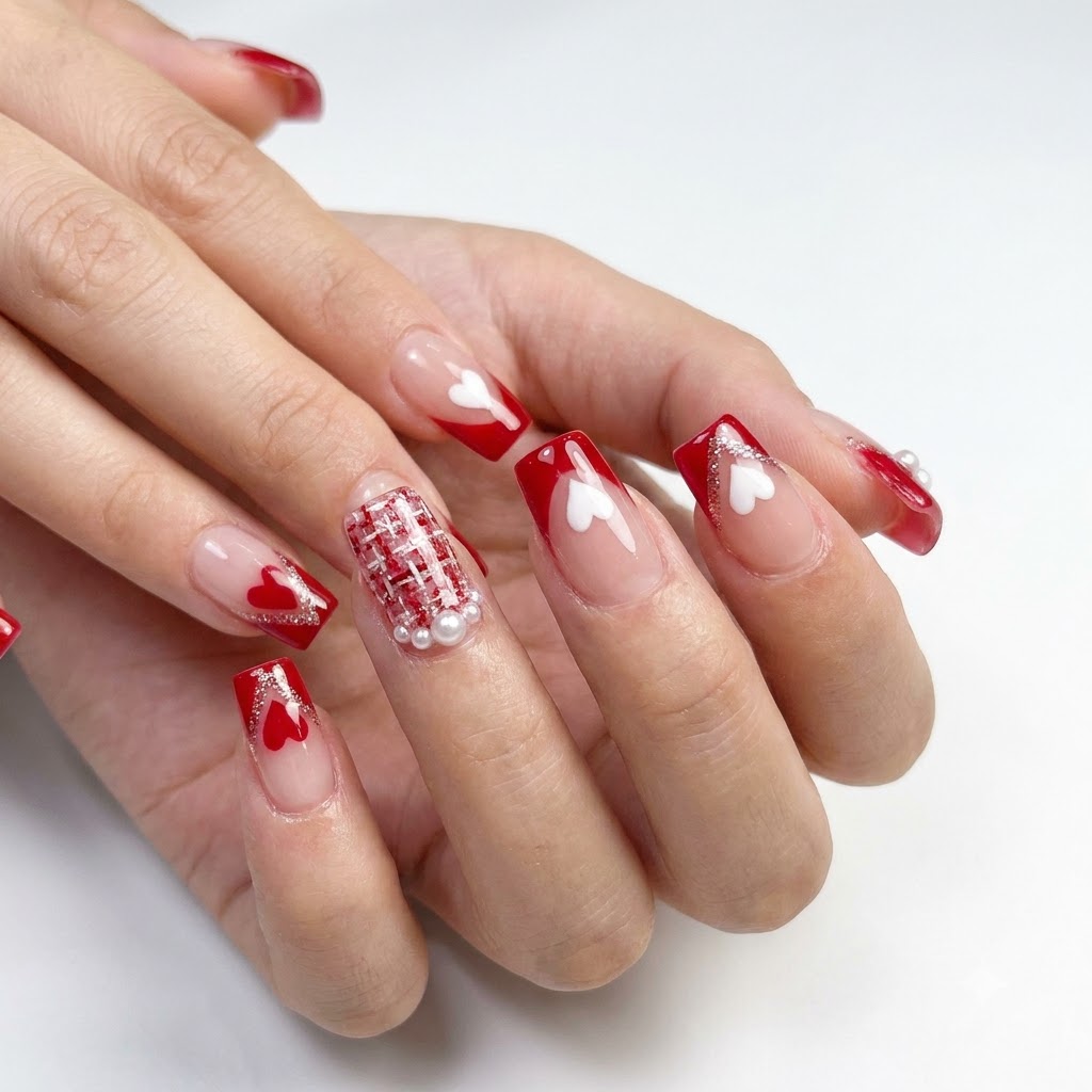 Un artista de uñas aplicando un borde brillante de purpurina oro rosa dentro de la punta en V de una uña decorada.