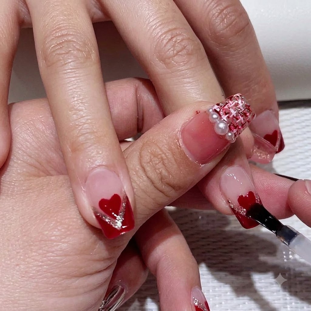 Un pincel de capa superior deslizándose suavemente sobre la uña del dedo medio para fijar el diseño de nail art con un acabado brillante.