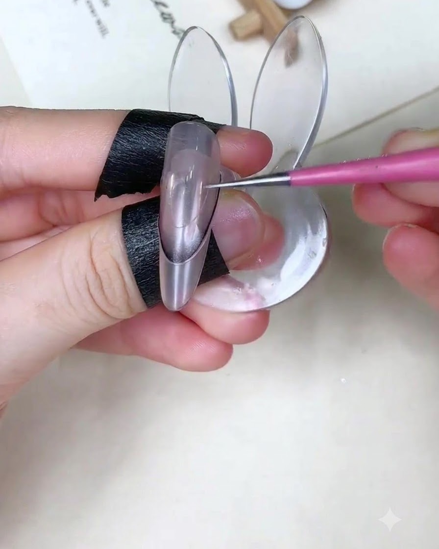 Un pincel de uñas aplicando gel azul bebé en la porción superior de una uña sobre una pegatina guía.