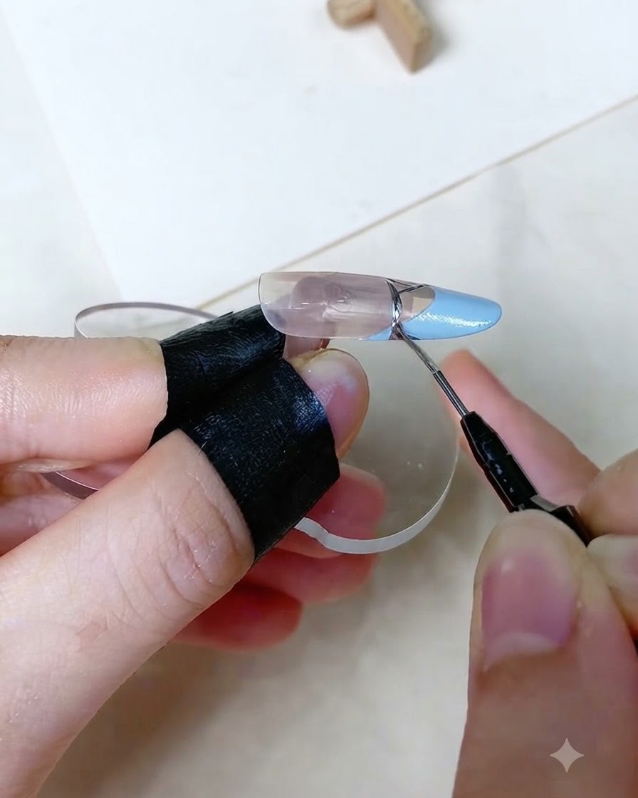 Una vista de cerca de un pincel de detalle fino dibujando una línea metálica plateada precisa a través de la transición de una punta francesa azul bebé en un dedo de exhibición de uñas artificiales.