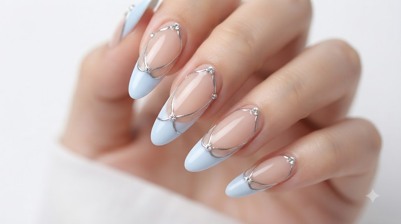 Uñas Francesas Azul Bebé con Líneas Plateadas y Pedrería — Tutorial Paso a Paso