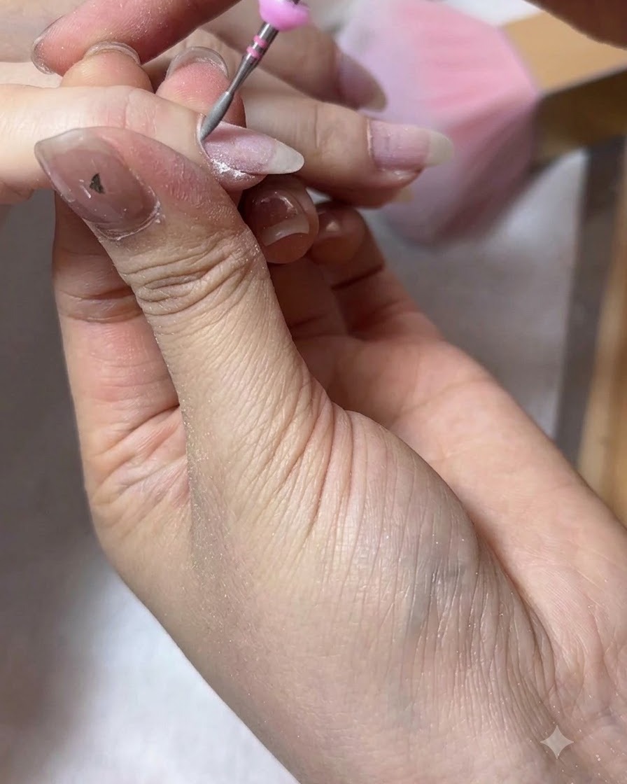 Un torno eléctrico con una fresa de llama limpiando la piel seca cerca de la cutícula de un pulgar.