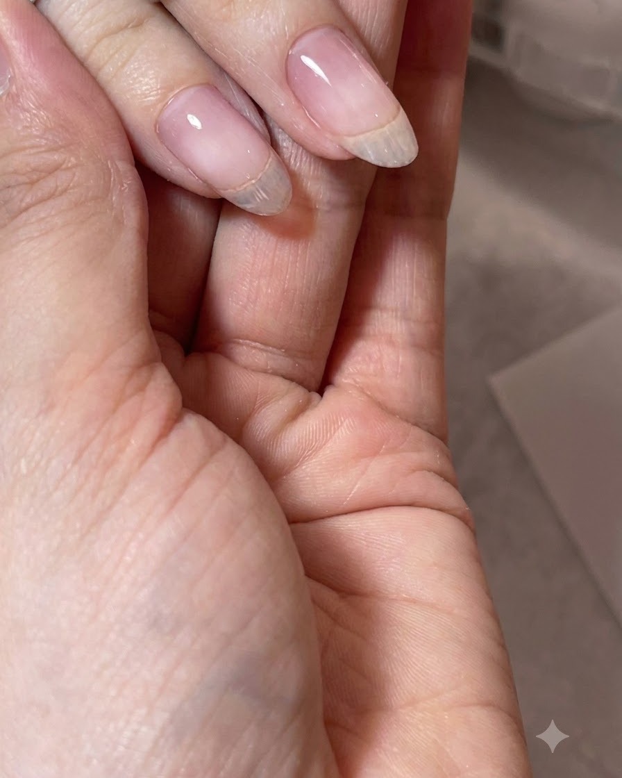 Una mano mostrando una uña de gel transparente terminada y perfectamente estructurada con un ápice liso.