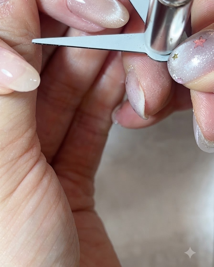 Una herramienta magnética de tijera en forma de V sobre la punta de una uña para crear un efecto concentrado de punta francesa con ojo de gato.