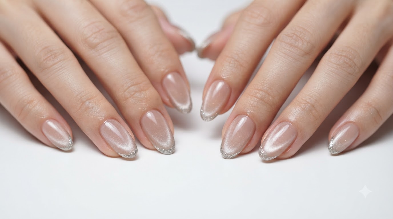 Uñas francesas efecto ojo de gato sencillas con puntas de purpurina plateada: Tutorial paso a paso