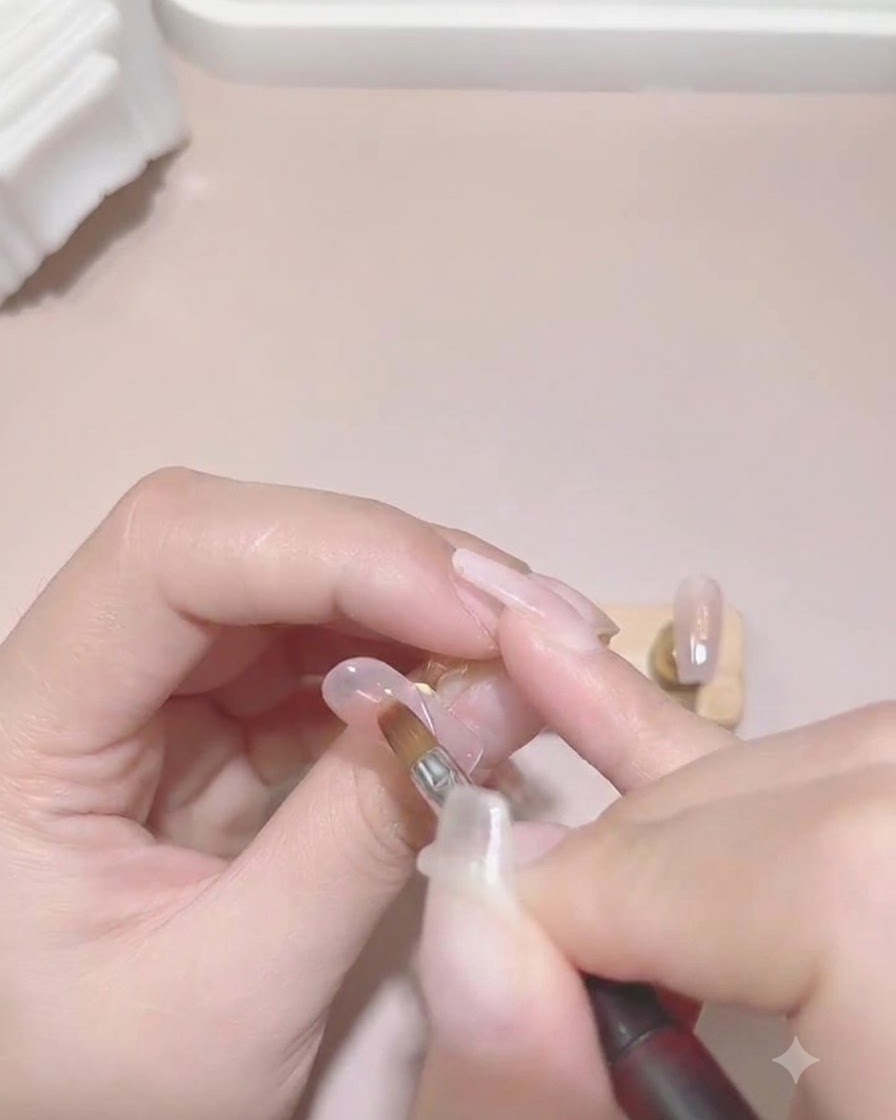 Una mano colocada dentro de una lámpara de uñas UV/LED blanca curando las capas de color de gel.