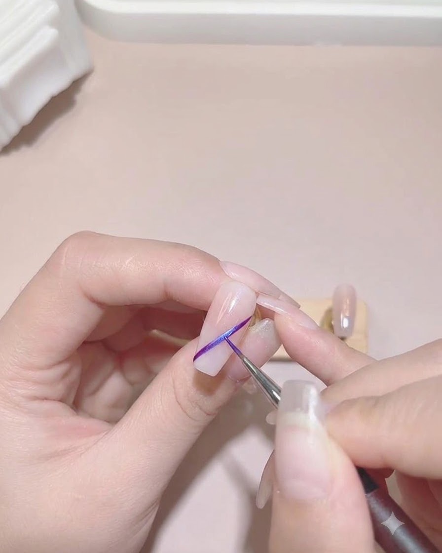 Un pincel fino dibujando una línea diagonal de color morado vibrante a través de la punta de una uña de tono neutro.