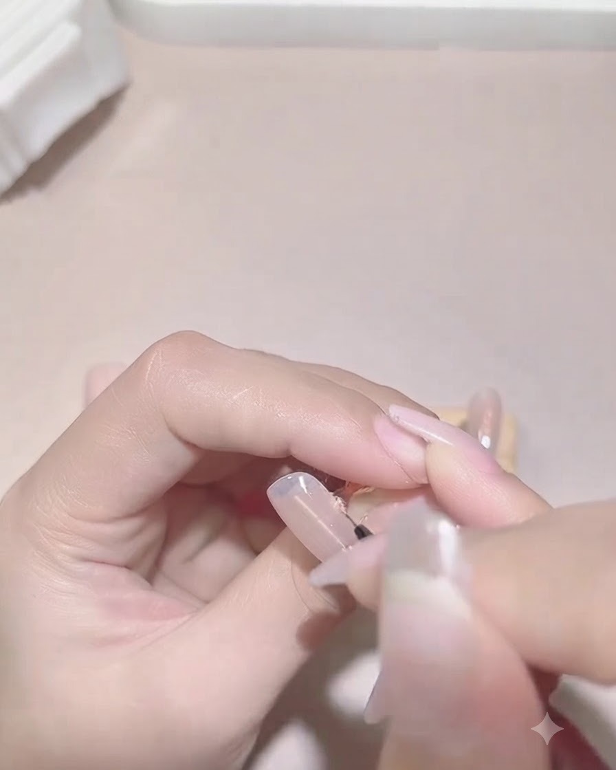 Un pincel fino de arte de uñas pintando una línea de punta francesa morada, ondulada e irregular a través de una uña natural.