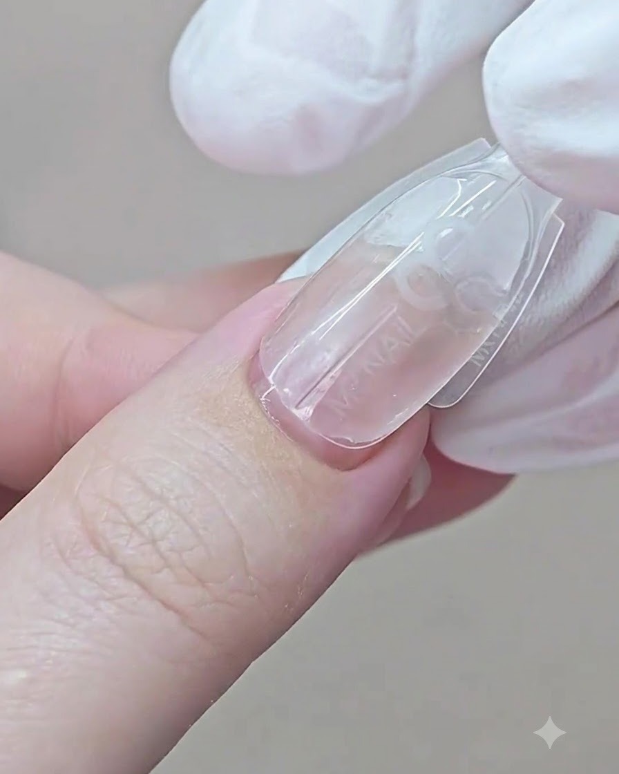Una mano con guantes presionando un molde dual sobre una uña comenzando desde la zona de la cutícula.