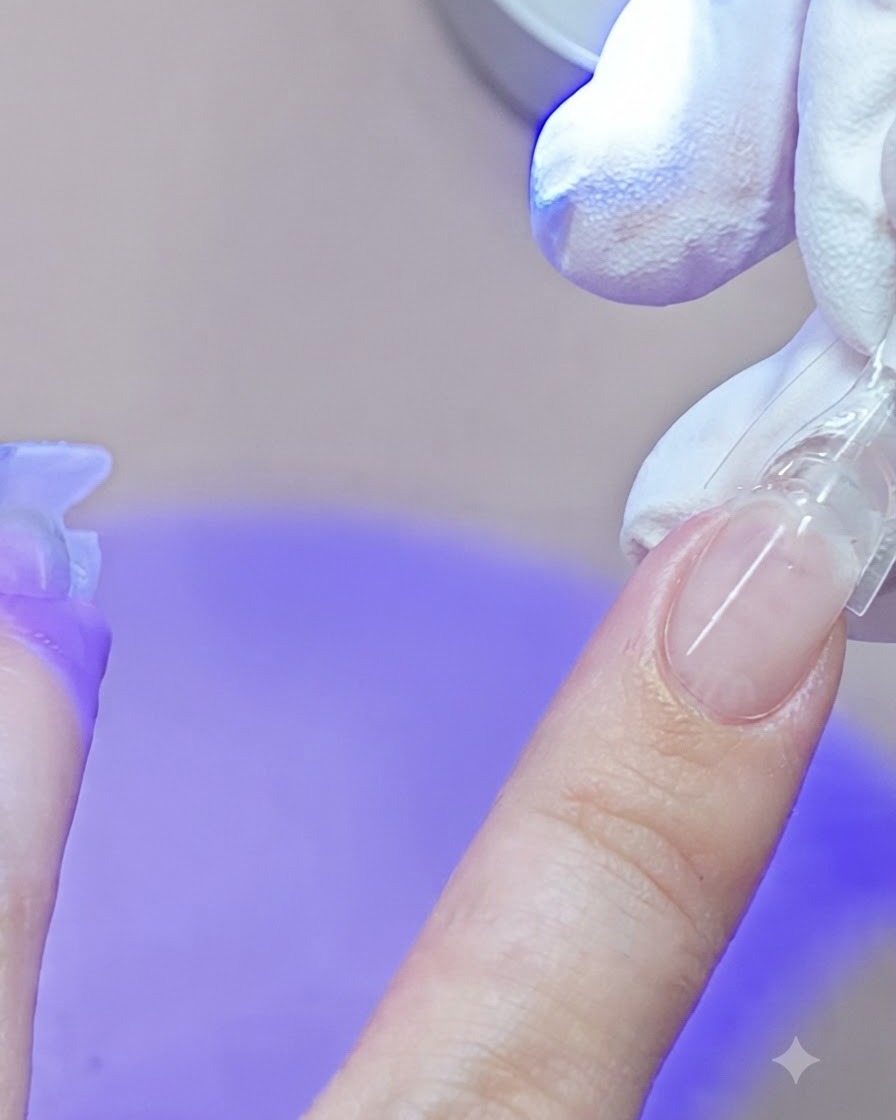 Una mano presionando un molde dual transparente en una uña meñique mientras una minilámpara UV azul cura el gel.