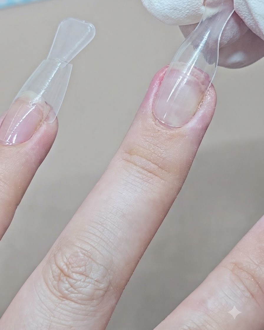 Una vista de cerca que muestra un molde dual siendo retirado de una extensión de gel transparente completada en el dedo medio.