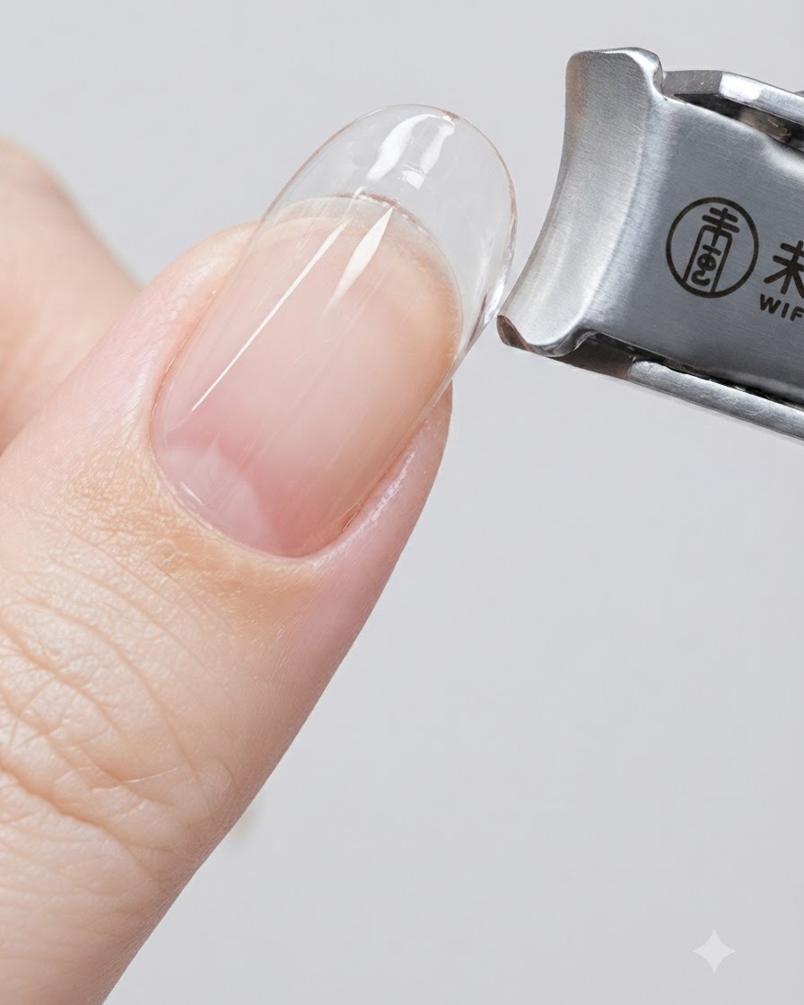 Cortauñas metálicos recortando cuidadosamente el exceso de gel curado a lo largo del lateral de una extensión de uña transparente.