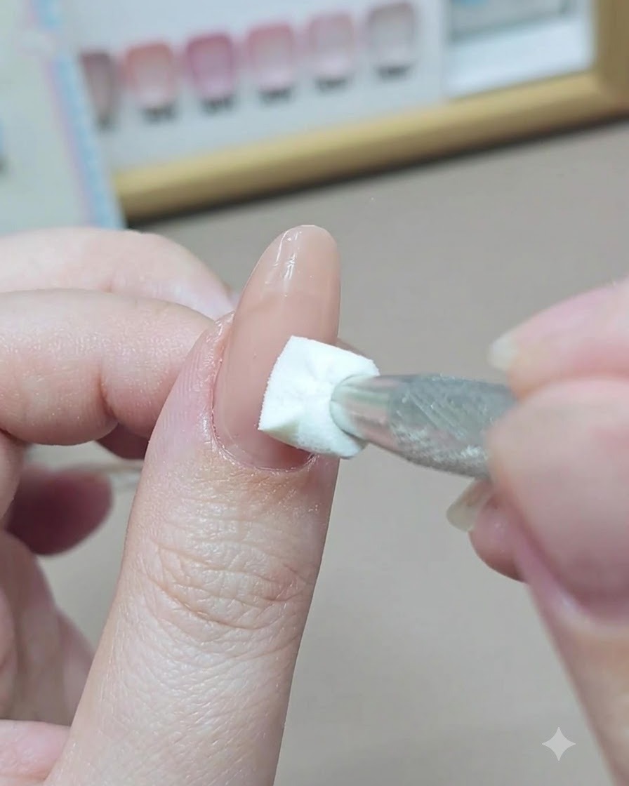 Una pequeña esponja cosmética aplicando esmalte en gel nude opaco sobre el lecho ungueal debajo de una guía adhesiva.