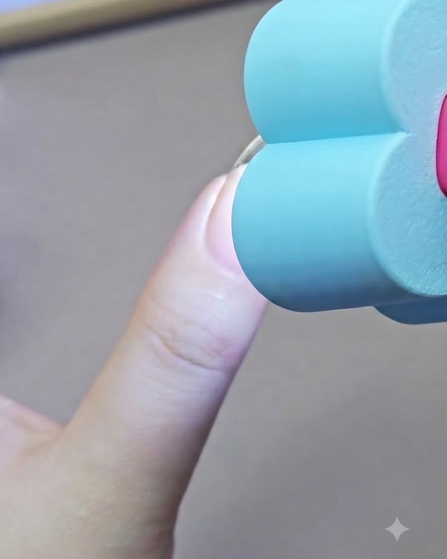 Una minilámpara UV azul portátil curando una capa de color nude aplicada con esponja en una uña.