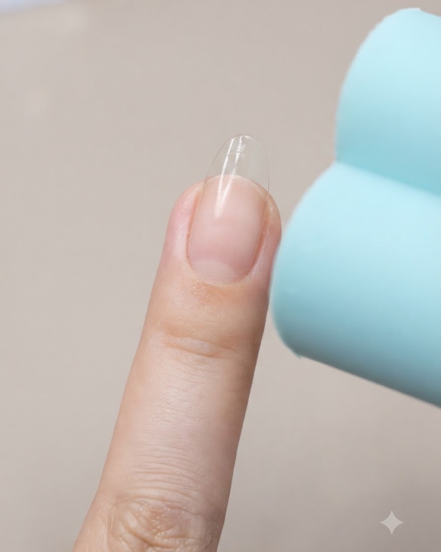 Un par de pinzas de punta fina sosteniendo el borde de una pegatina guía francesa mientras se retira de una uña.